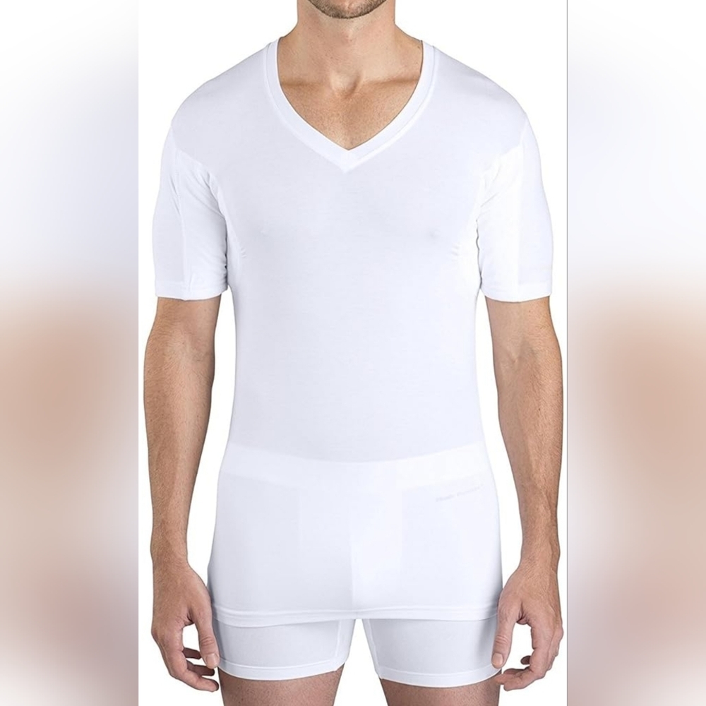Sweatproof Undershirt for Men, V-Neck, White, Sweat Pads size small